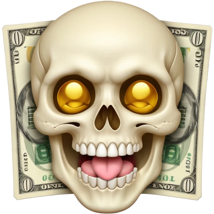 exaggerated White Skull Emoji Face with Tongue and Money emoji