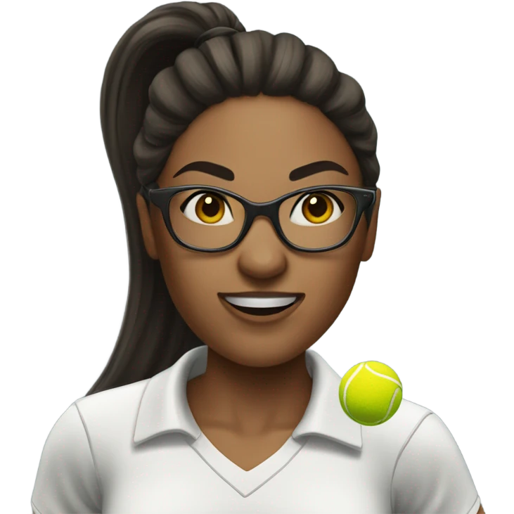 White woman long dark hair in ponytail wearing glasses hitting tennis ball  emoji