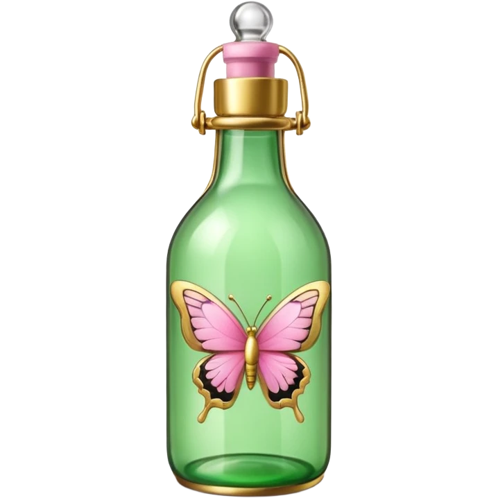 enhanced green bottle with more details and gold accents, pink butterflies, emoji style emoji