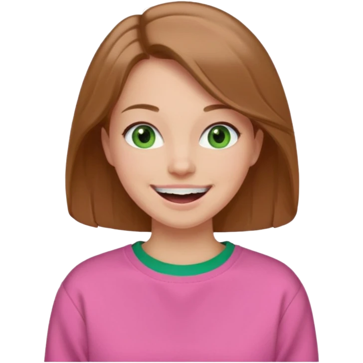  Una donna con una felpa semplice rosa, senza cappuccio. i capelli sono lunghi fino alle spalle marroni chiaro,gli occhi sono verdi e la bocca è contenta  emoji