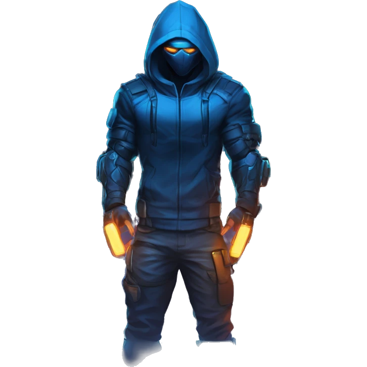 developer behind his laptop with this style : crysis Cyberpunk Riot Games Valorant neon glowing bright blue character blue black hooded assassin themed character emoji