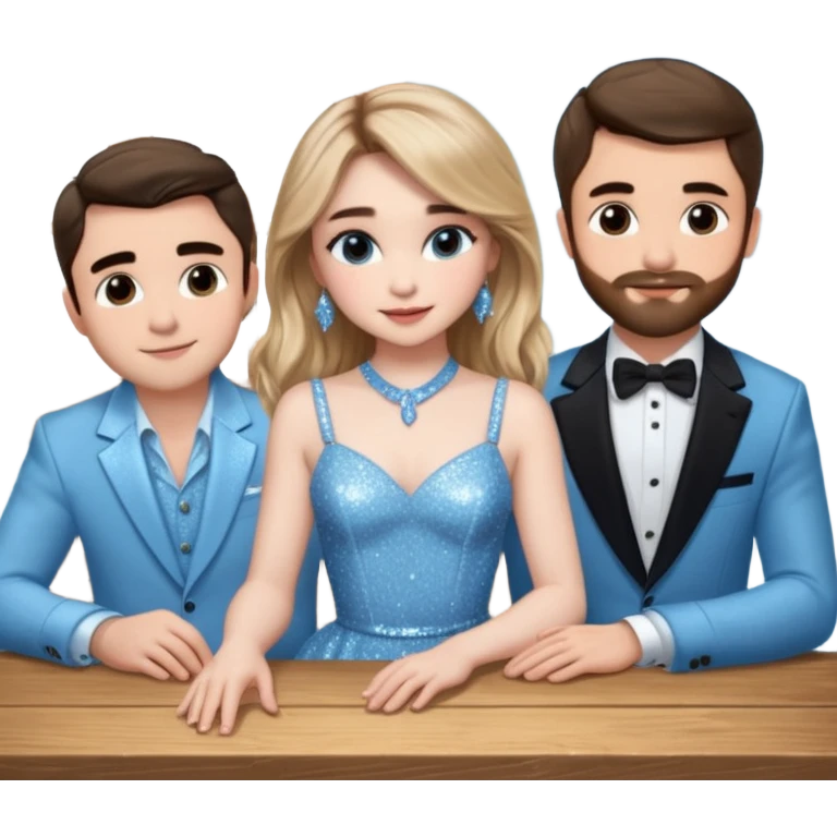 Sabrina carpenter in a light blue sparkly dress at a table with 3 handsome men, and she is standing up reaching over  emoji