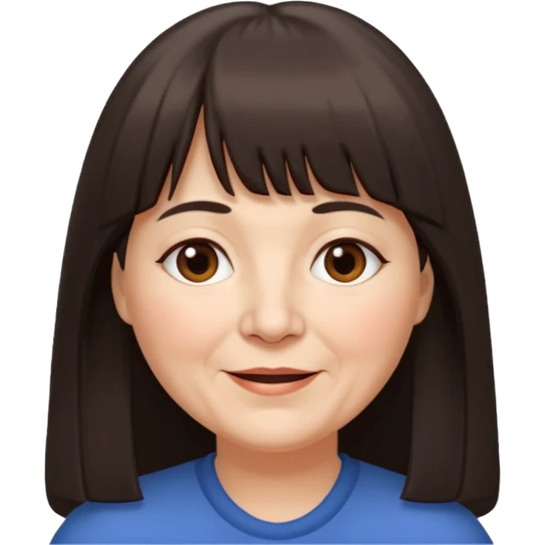 60 yr old woman, long hair down back, very small brown eyes, long hair, straight dark brown hair, bangs, chubby, long face, very tired but happy emoji