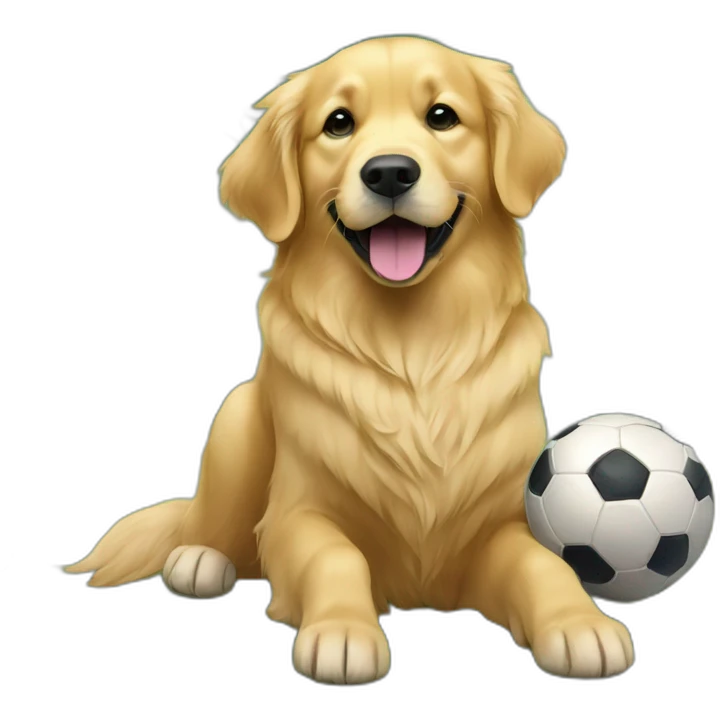 A golden retriever named Enzo playing with a soccer ball emoji