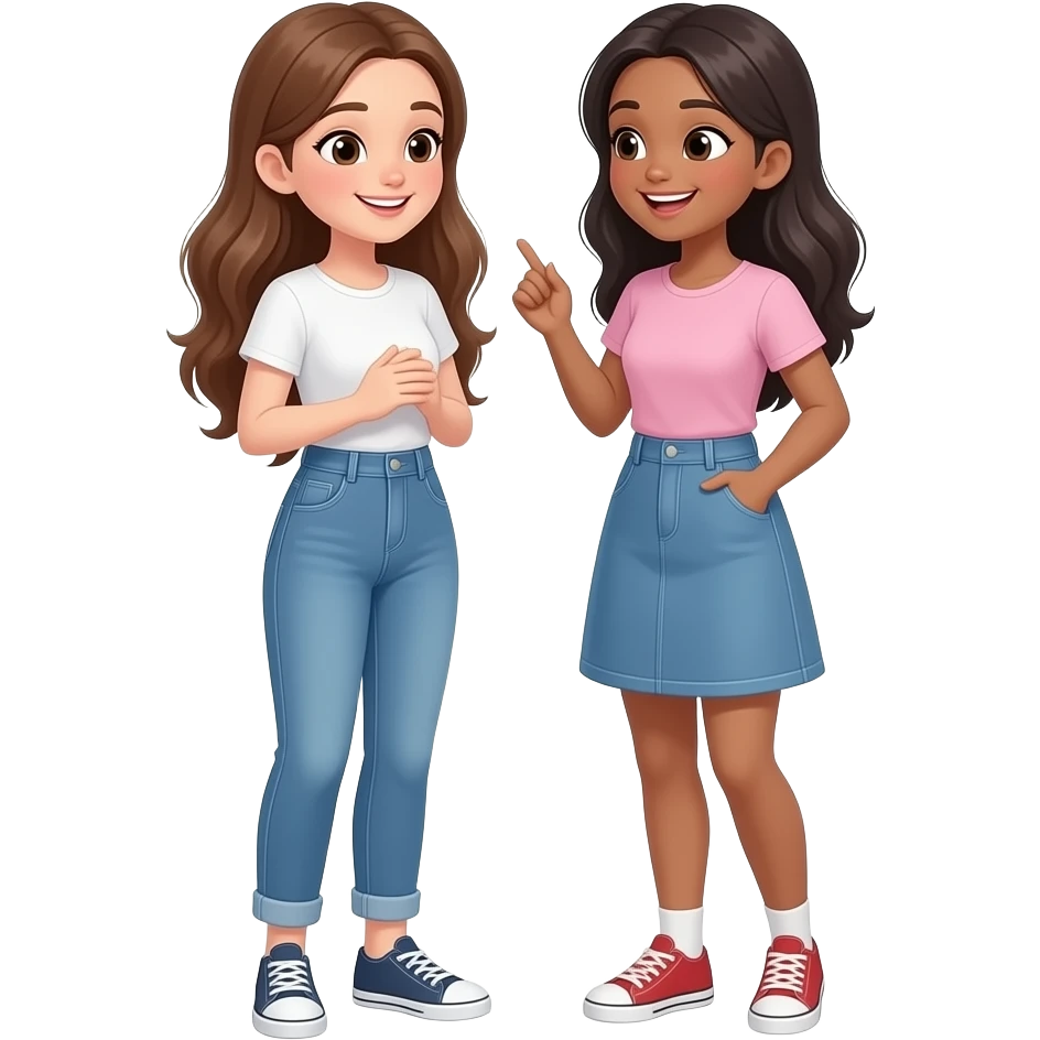 A white skin, very long haired brunette and a white skin  dark haired best friends, girls, full body, chatting, laughing emoji