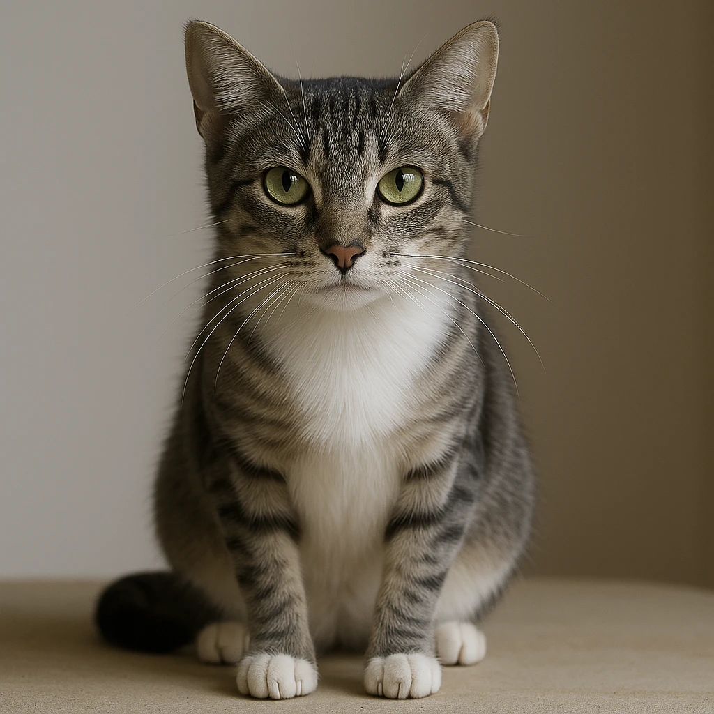 Make this cat skinnier, keeping the white streak up the nose area, grey top, white belly, partly grey and white legs, medium fur length, and gentle expression in a realistic style. emoji