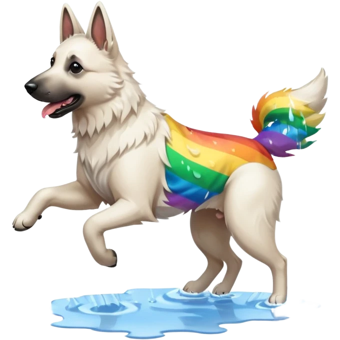 White belgian Shepard jumping over Rain puddles. There is a rainbow in the sky emoji