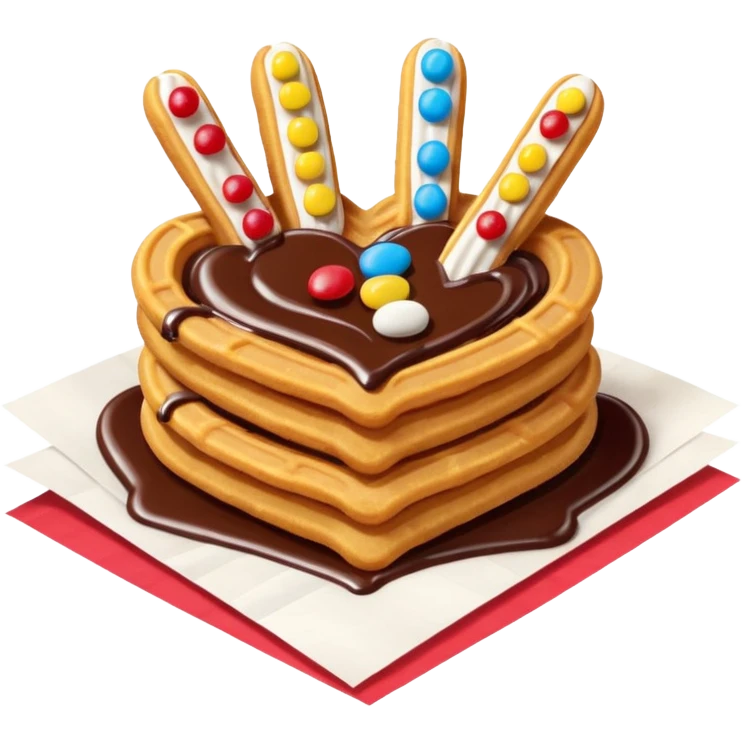 Add chocolate drizzle and m&ms on top of the crispy golden churros, put then on a shape paper emoji