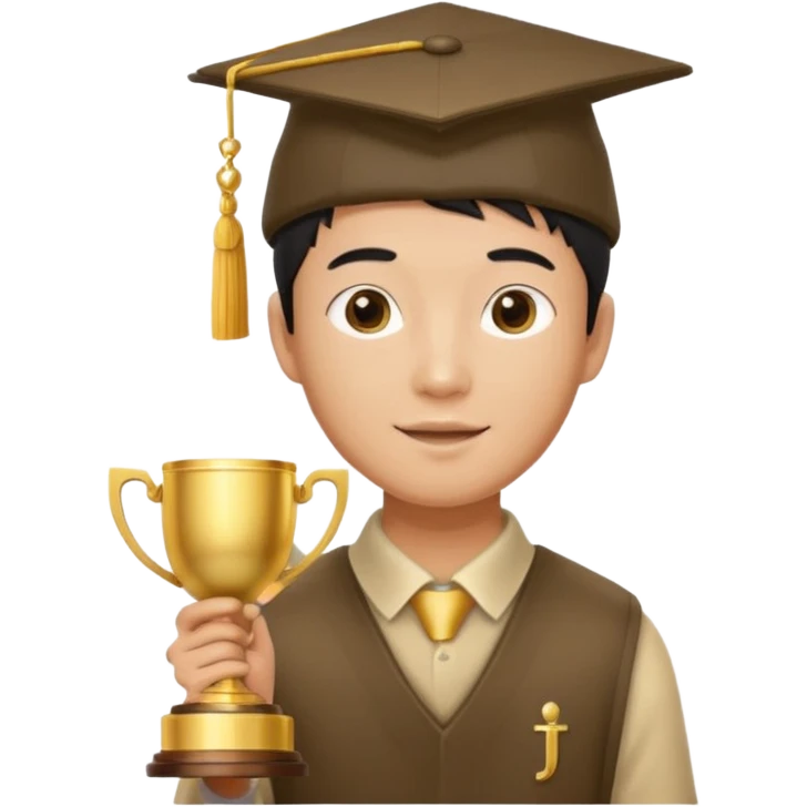 An asian man wearing student hat, holding a trophey emoji