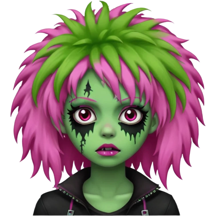 girl, green zombie,pink afro, long, emo, shaggy, dark, spooky,creepy expression emoji