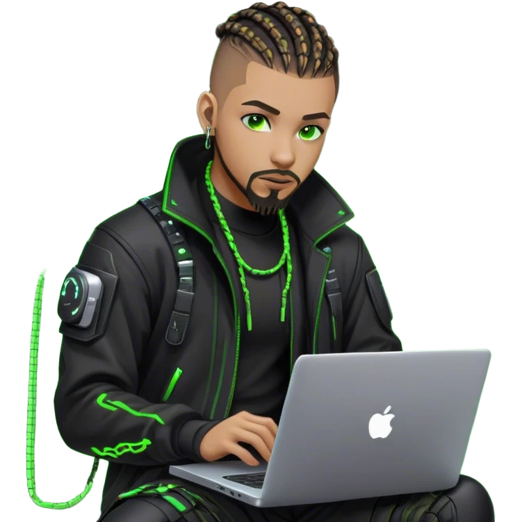 Light skinned African American male with green eyes as a cyberpunk hacker with cornrows hairstyle but short cornrows  with just goatee facial hair and no beard hacking/coding on laptop  emoji