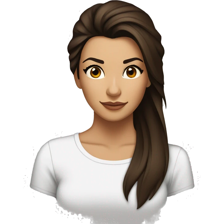 3/4 face, contrasted, shadow, light, Eva Longoria expression, thin nose, brunette woman, hazel eyes, long eyelashes, dark shoulder shaded hair, white t-shirt emoji