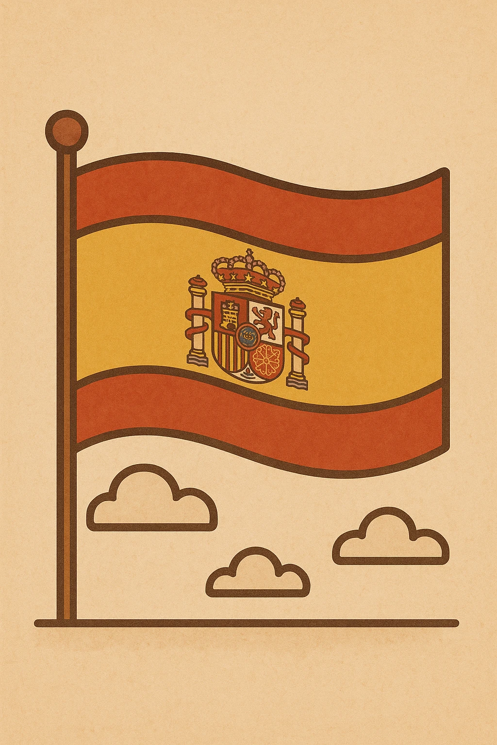 Add the Spanish coat of arms in the center of the flag, classic look with red and yellow stripes, flat style emphasizing warm colors and traditional design. emoji