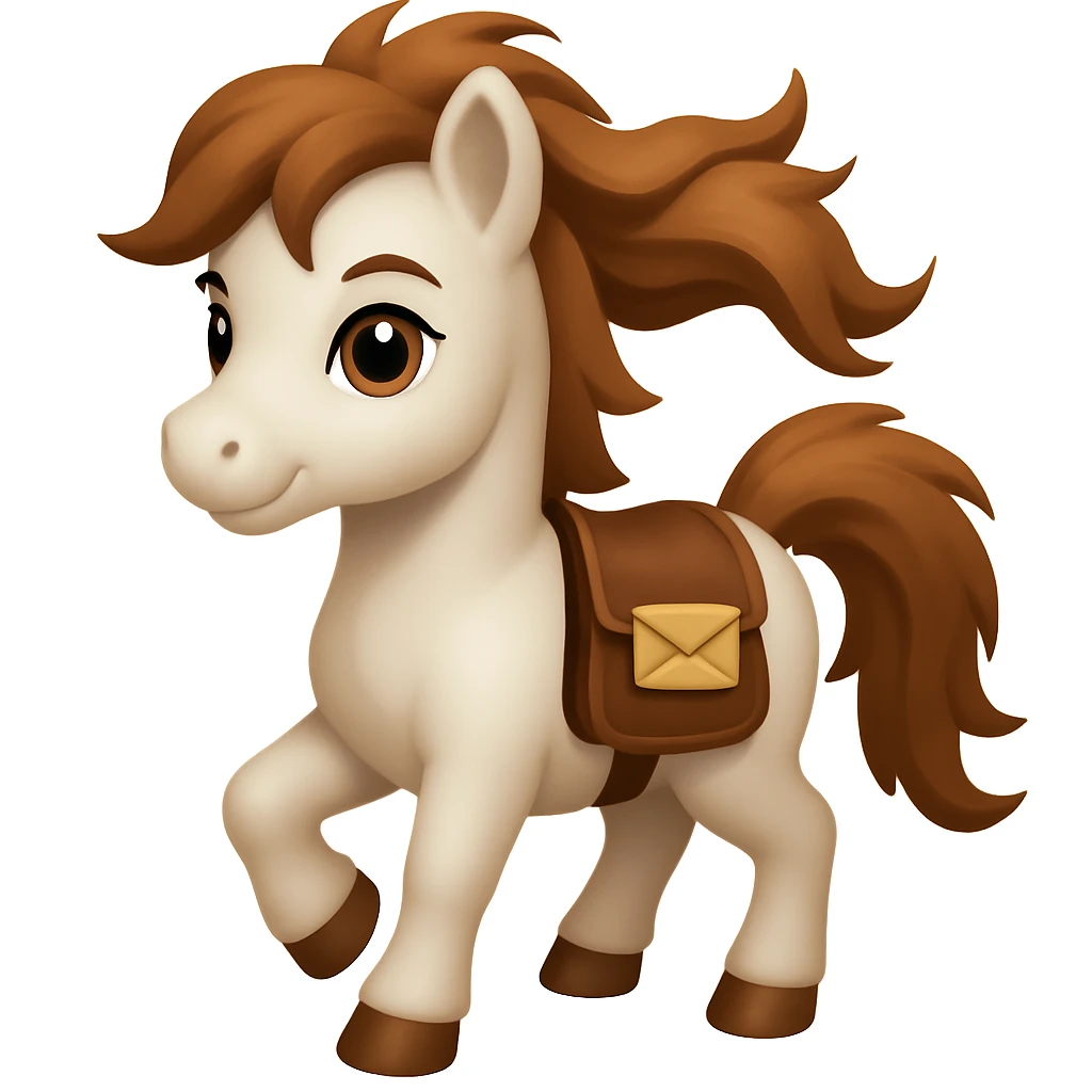 Add a saddle with a mail-pouch to the eager pony, keep the hair blowing in the wind, in emoji style. emoji