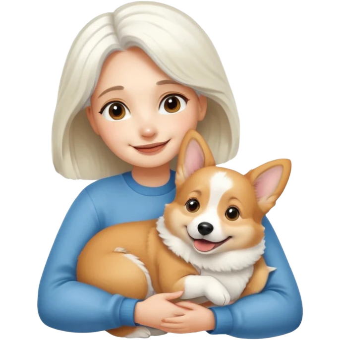 Девушка с красивыми густыми белыми волосами улыбается и обнимает свою милую собачку корги  emoji