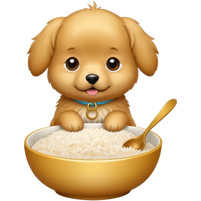 A little Golden dog eating a bowl of rice emoji