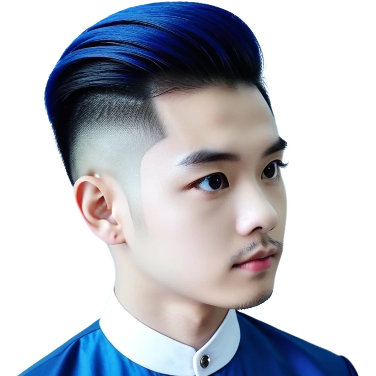 Nam 15 tuổi, da trắng, tóc under cut màu xanh lá cây vuốt ngược ra sau, mắt đen, áo khoác da màu cam , bên trong mặc áo cộc tay màu trắng, đeo khuyên tai màu bạc, mặt ngầu emoji