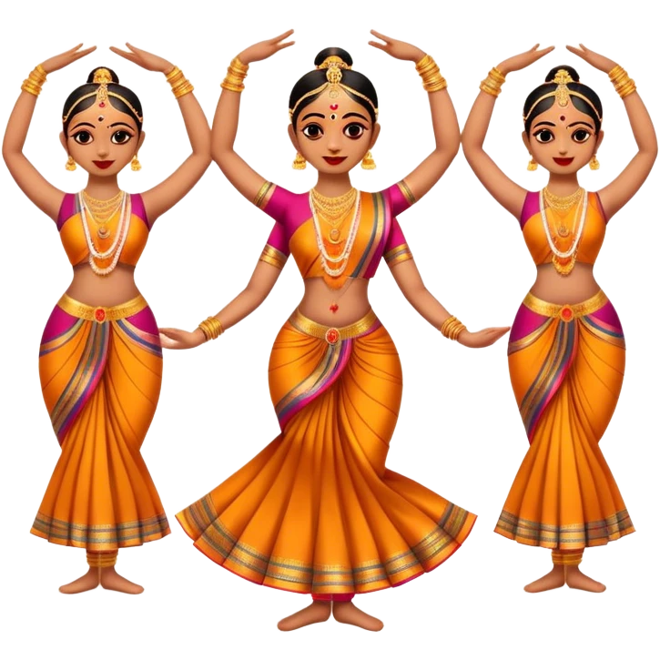 Cinematic Realistic Bharatanatyam Dance Emoji, depicted as an elegant classical Indian dance performance with graceful poses, intricate costumes, and expressive hand gestures, rendered with rich textures and warm dramatic lighting that captures its timeless beauty. emoji