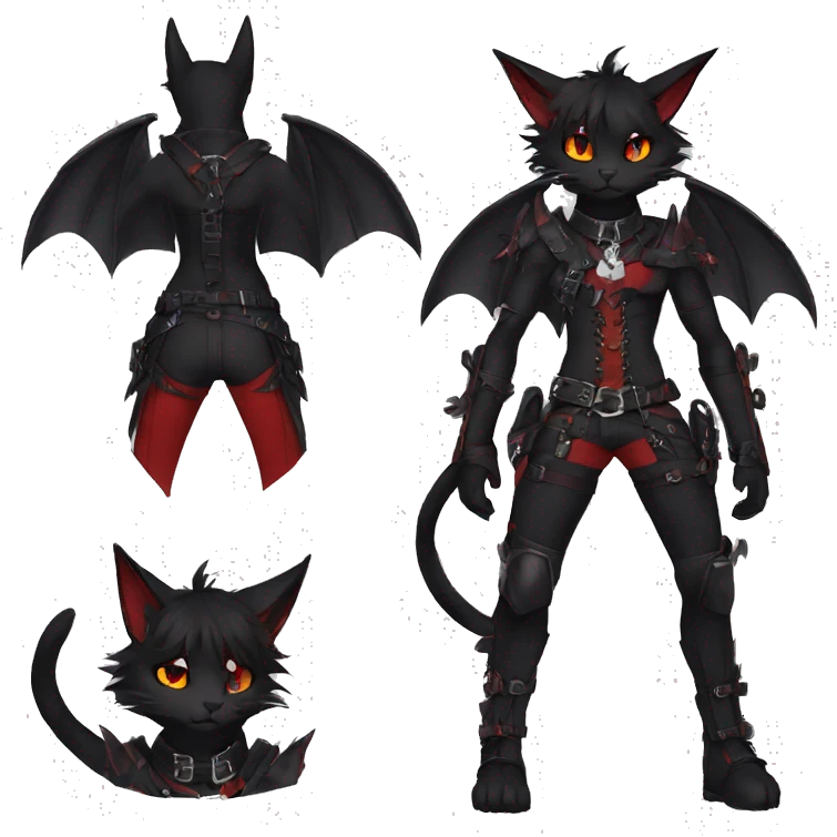 Anthro cool edgy cute black punk red fantasy nargacuga-bat-cat-Fakemon collar harness full body emoji