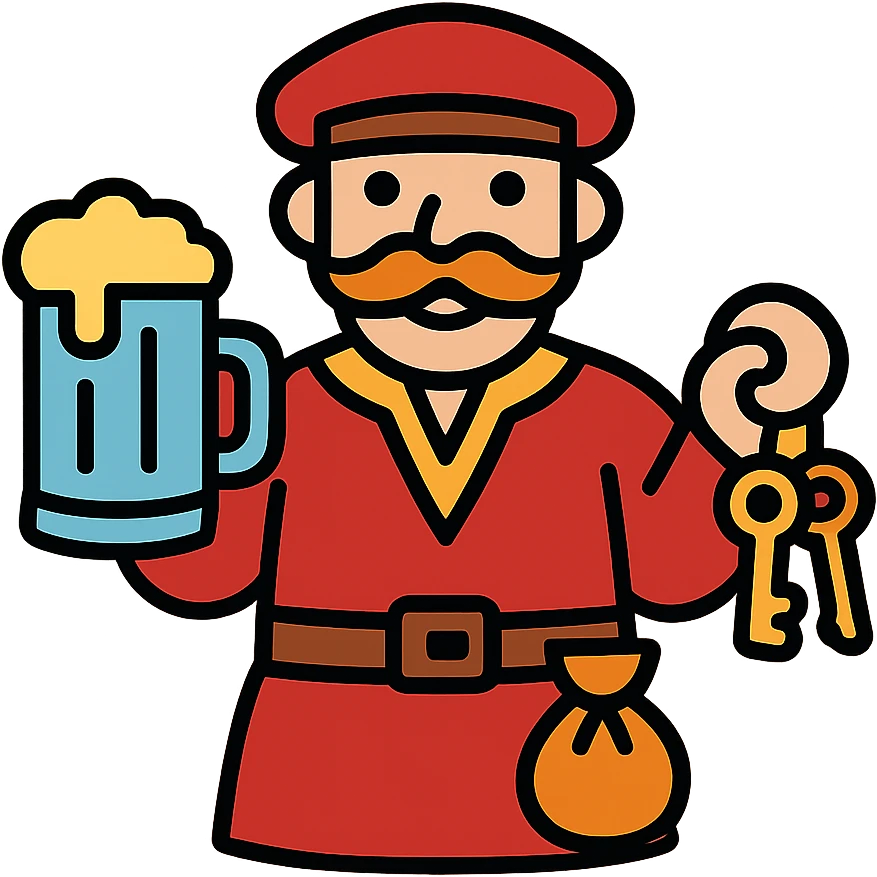 Fantasy tavern owner with red outfit, holding mug and keys to the establishment. RPG innkeeper with money pouch. emoji