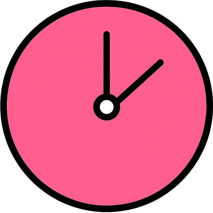 pink clock, round face, minimal design, white hands emoji