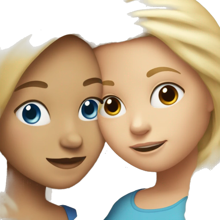 Mother with blonde hair blue eyes, hugging daughter with brown hair hazel eyes emoji