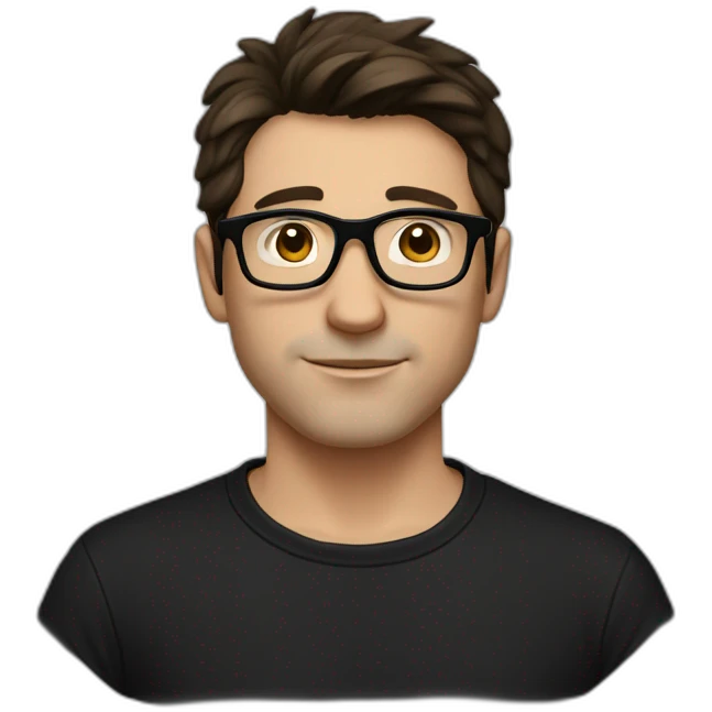 a slim white man with messy short dark brown hair, with a black t-shirt, black rectangular glasses emoji