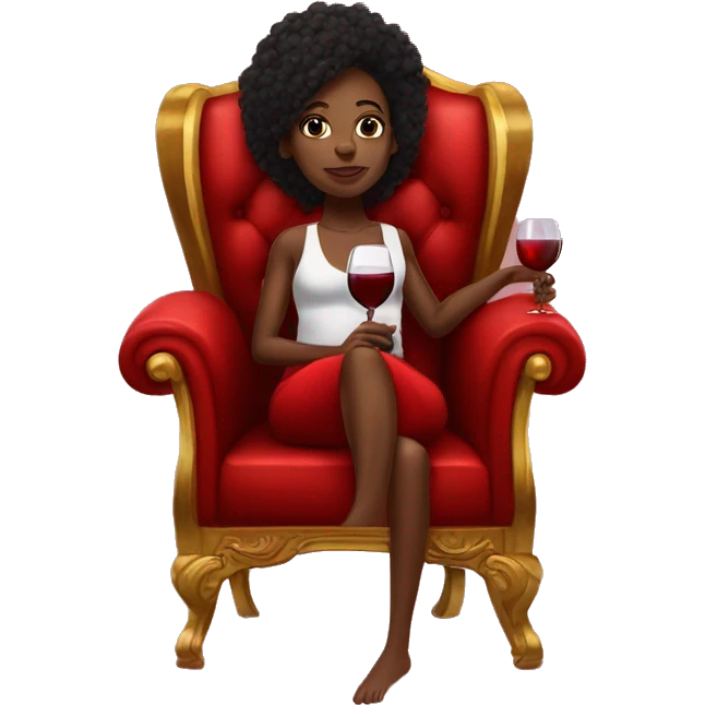 black girl sitting cross-legged on big red throne chair with glass of wine in hand emoji