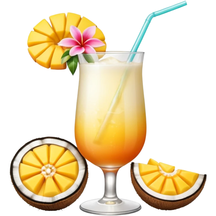 A beautiful cocktail with a creamy white to orange gradient, containing coconut juice and mango, reminiscent of summer. Above, there are tropical flowers, lemon slices, and a straws. emoji