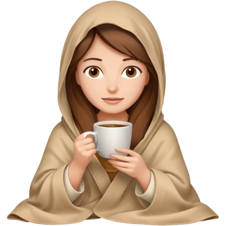 brown hair woman sitting under beige blanket, with a blanket over his head, holding cup of coffe emoji