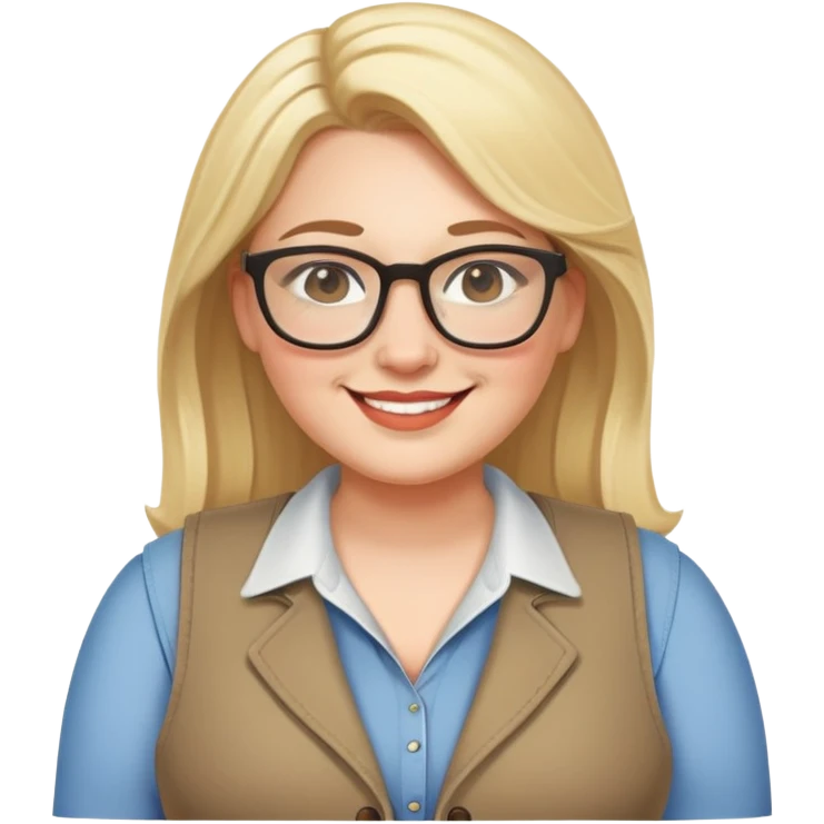 Plus size blonde woman wearing glasses and a vest, friendly smile emoji