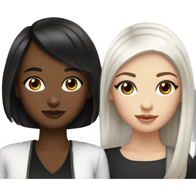 Two white girlfriends. One with brown hair in square, the other with black hair, bangs and a square. In fashionable clothes and beautiful modern makeup emoji