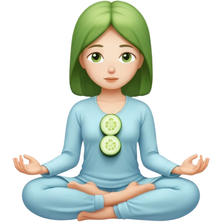 Girl medetating in light blue outfit with cucumber on eyes emoji