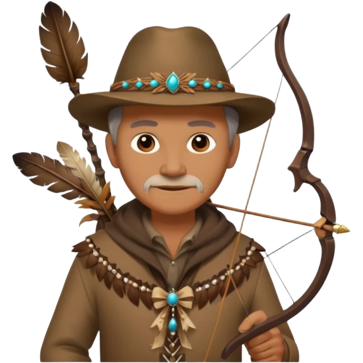 The classic image of a middle-aged uncle hunter carrying a bow, dressed in brown clothes, with some ornaments made of feathers, bones or teeth on his body. emoji