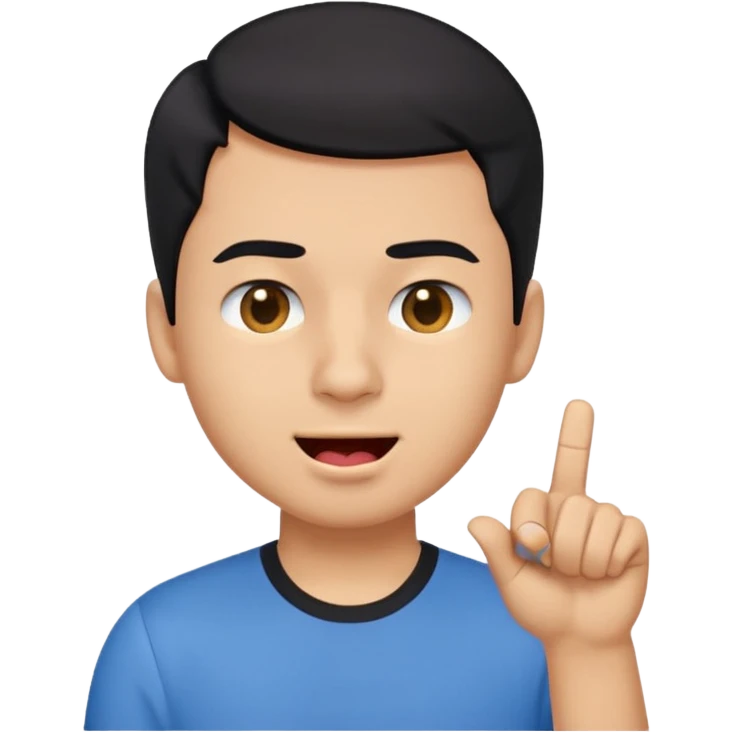"Create a playful emoji of a young man with short black hair, wearing a blue shirt. He is winking with one eye, sticking out his tongue dramatically, and pointing to his forehead with one hand in a cheeky gesture.
 emoji