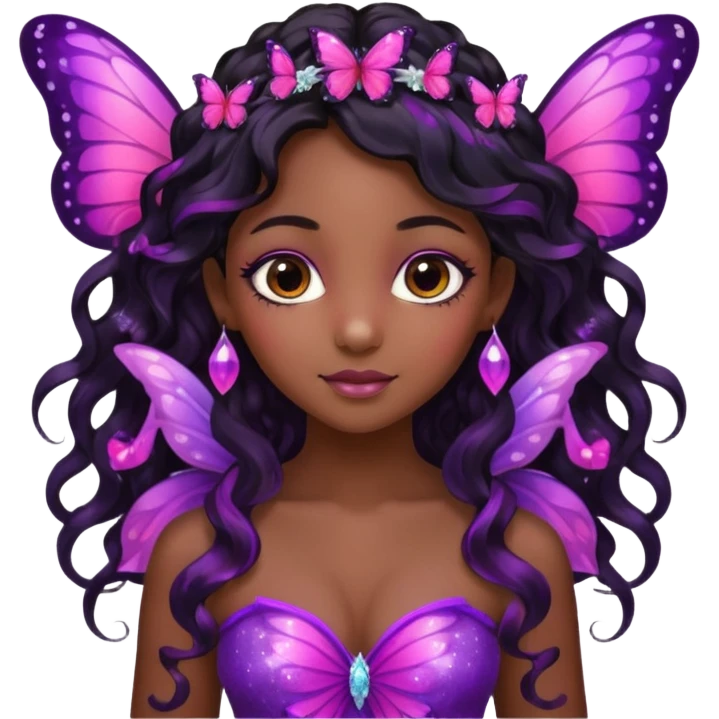 Black girl fairy with long wavy black hair, pink and purplered butterfly wings sparkly emoji
