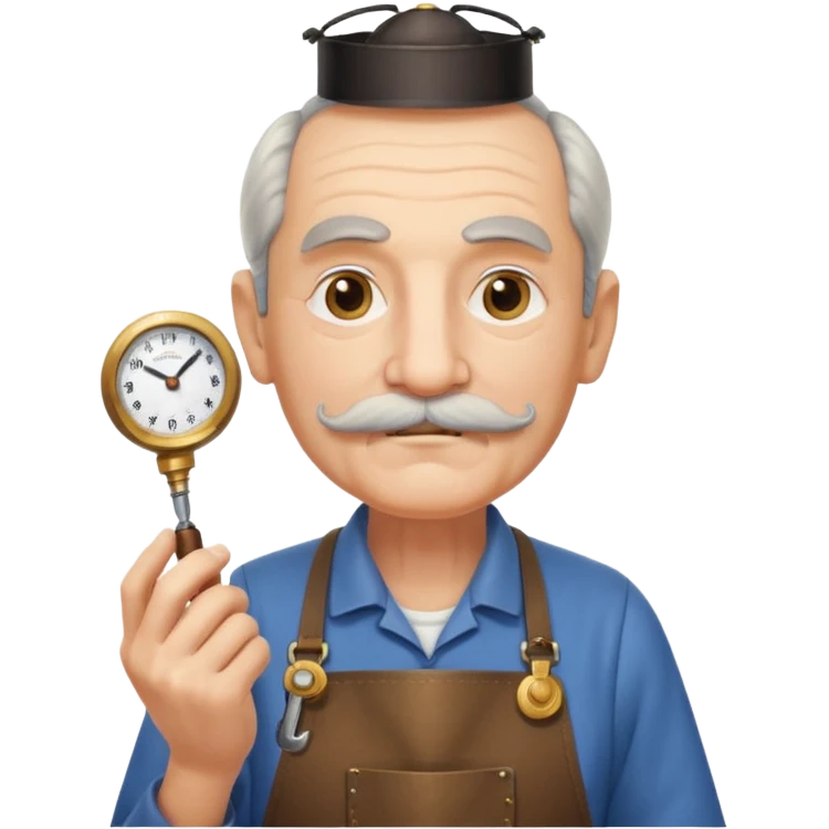 A gentle elderly inventor with tidy mustache, apron, and miniature clockwork device.
 emoji