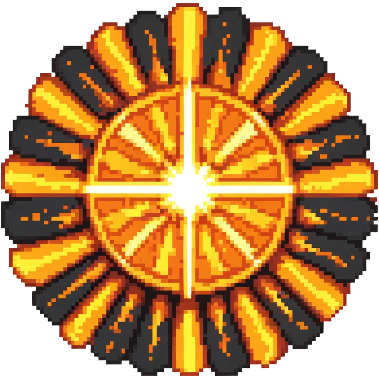 Bomberman explosion center tile, bright fiery explosion core with yellows and oranges radiating from center, circular explosion pattern, clean pixel art edges, slight transparency at edges emoji
