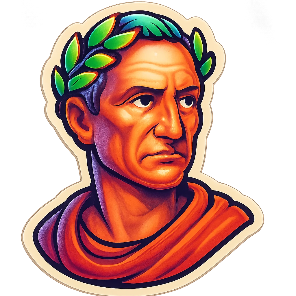 Julius Caesar as a retro sticker, Roman emperor, laurel crown, expressive face, retro sticker style emoji