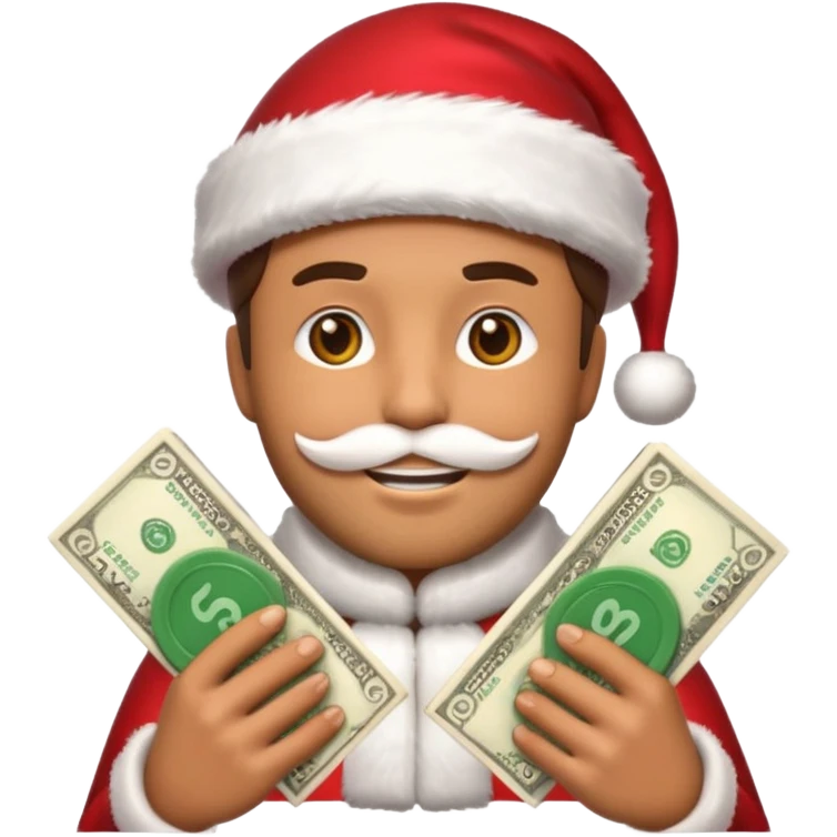 A confident rich emoji face wearing a Santa hat, money stacks, casino vibe, New Year theme, premium 3D emoji style, sharp details, no text, isolated on transparent background emoji