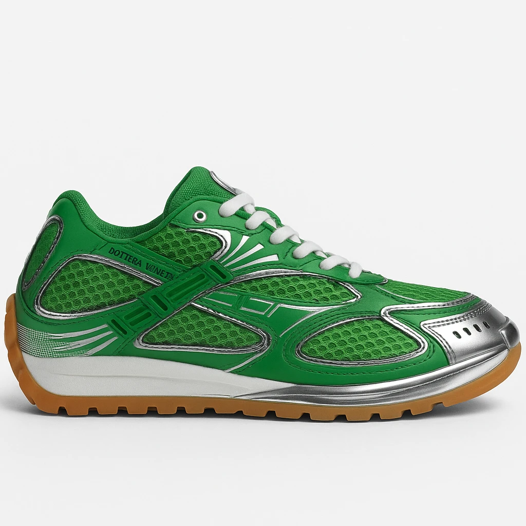 Recreate the Bottega Veneta Orbit sneaker in signature Bottega green, exact design, shown at a sideways angle like the reference image, realistic style with a clean background. emoji