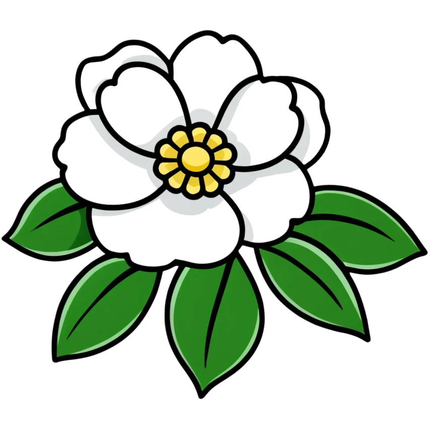 Elegant white camellia flower with symmetrical petals and rich green foliage emoji