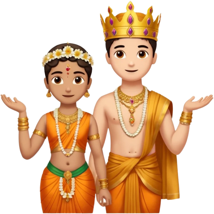 Brahmin boy is thanking to the bharatanatyam dancer. Only the girl is in lordess padmavati with golden crown and giant flower garland on her neck. The boy is a normal helper. The girl is fat and tall the boy is small. emoji