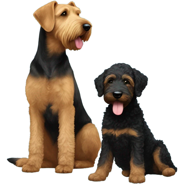 Airedale and black golden doodle playing with bubbles emoji