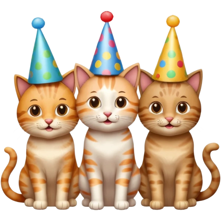  3 happy cats wearing party hats emoji