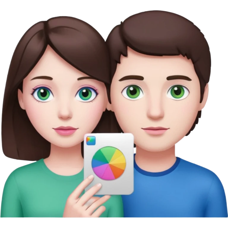 pink polaroid photo of a couple thats white with brunette hair blue and green eyes emoji