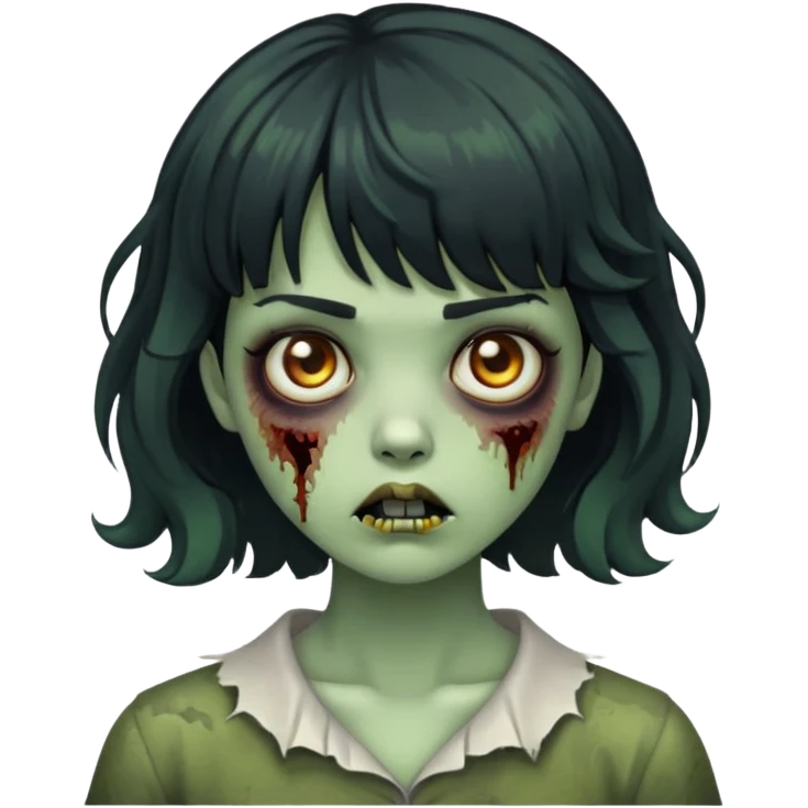 zombie girl with short wavy hair and black bangs, greenish skin emoji