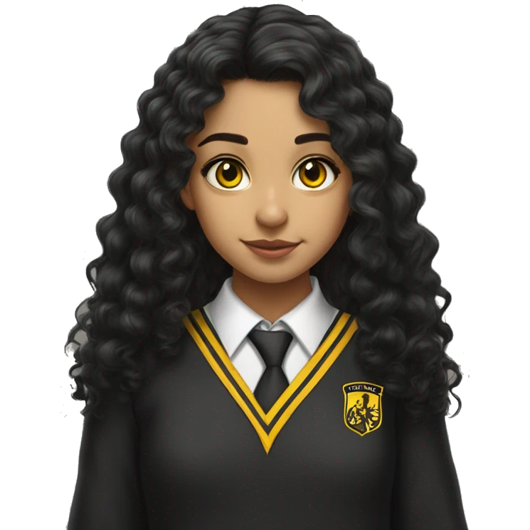  Hyper realistic Hispanic girl with long black curly hair  wearing Hufflepuff school uniform emoji