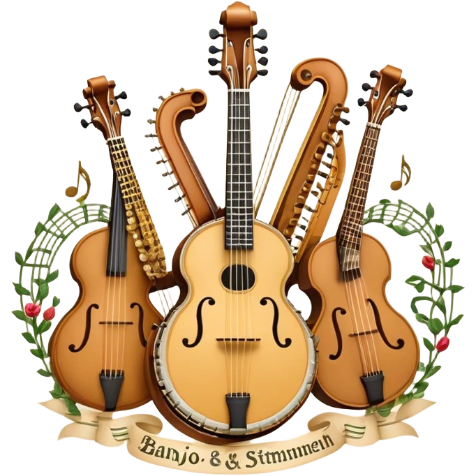 Design a complex and festive emblem-like emoji representing plucked string instruments, such as a banjo, mandolin, domra, sitar, and similar instruments. The composition should resemble a heraldic crest, with the instruments arranged symmetrically and gracefully, their necks intertwining with a flowing ribbon of musical notes. The ribbon should weave through the strings and headstocks, symbolizing the harmonious connection between the instruments. Use detailed engraving on the instrument bodies and fretboards to emphasize their craftsmanship. Incorporate rich, celebratory colors like gold, mahogany brown, deep green, and vibrant accents. Add subtle shading and light reflections to create a three-dimensional, polished look. Include ornate elements like swirls, laurel leaves, and decorative flourishes to enhance the festive and professional appearance. The background should be transparent to highlight the emblem as a standalone piece. emoji