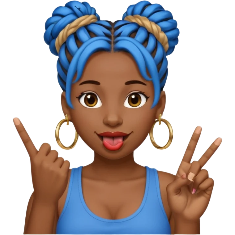 brown girl with blue locs in a bun with tongue out giving middle finger emoji